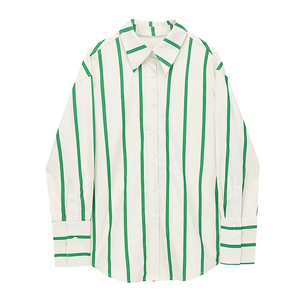 Colorblock Striped Casual Loose Blouses For Women Lapel Long Sleeve Spliced Single Breasted Minimalist Shirt Female