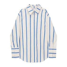 Colorblock Striped Casual Loose Blouses For Women Lapel Long Sleeve Spliced Single Breasted Minimalist Shirt Female