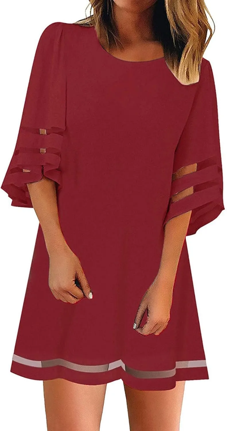 Dresses for Women 2024 Casual Loose A Line Tshirt Dress Crewneck Half Sleeve Trendy Mesh Hem Short Summer Dresses