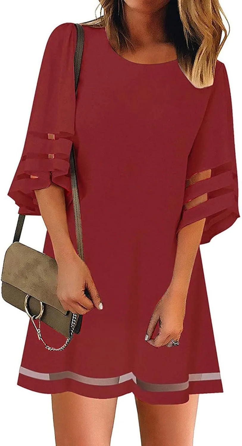Dresses for Women 2024 Casual Loose A Line Tshirt Dress Crewneck Half Sleeve Trendy Mesh Hem Short Summer Dresses