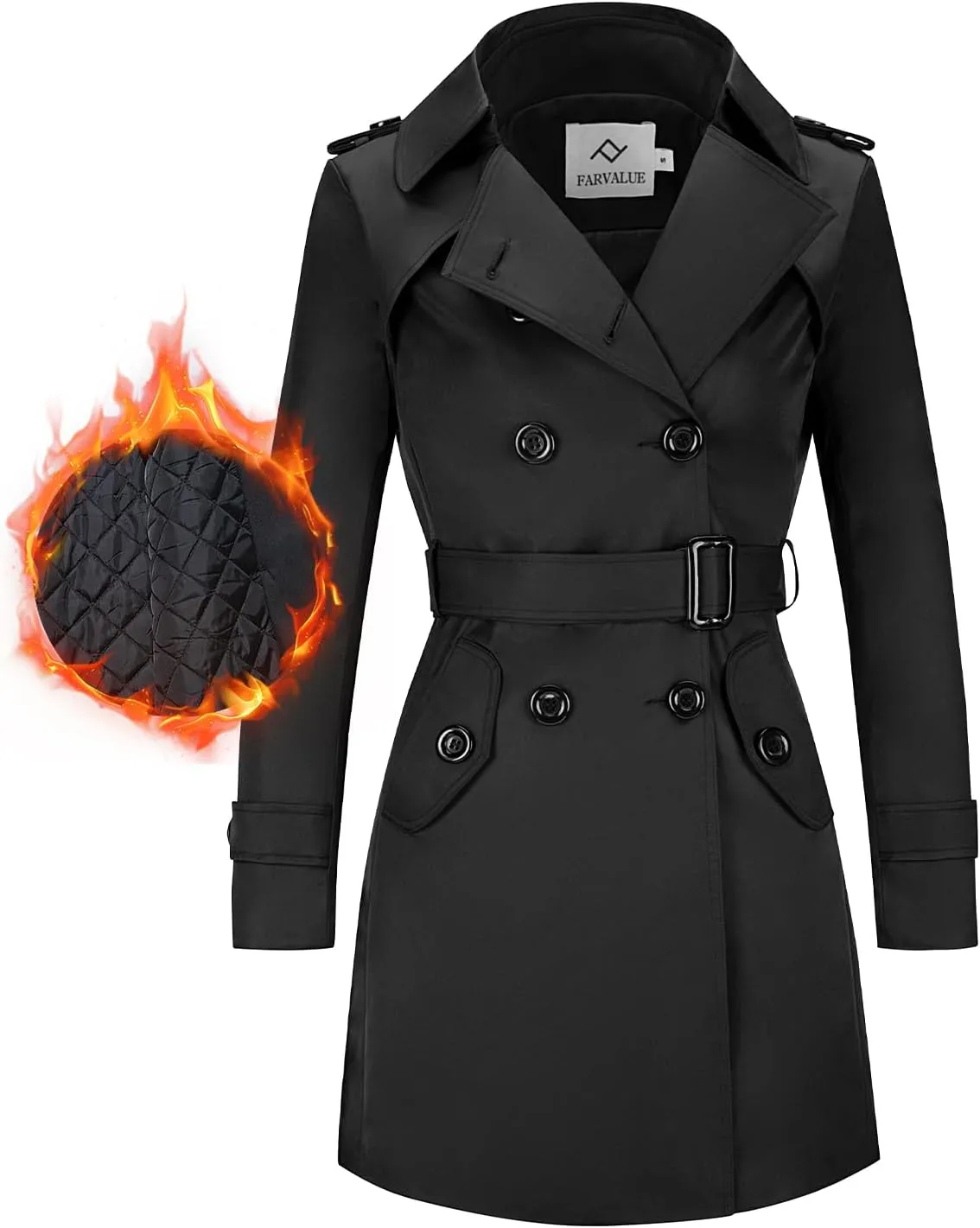 FARVALUE Women's Waterproof Trench Coat Winter Double Breasted Windbreaker Classic Belted Lapel Overcoat