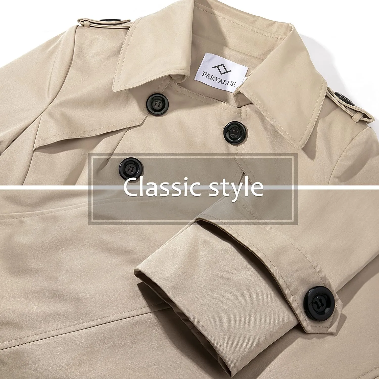 FARVALUE Women's Waterproof Trench Coat Winter Double Breasted Windbreaker Classic Belted Lapel Overcoat