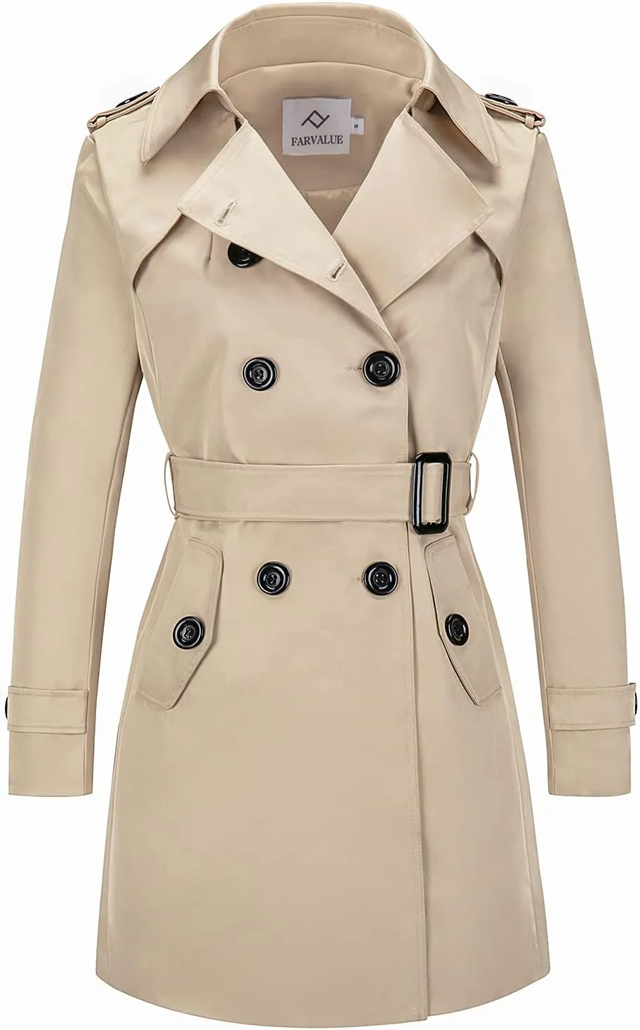 FARVALUE Women's Waterproof Trench Coat Winter Double Breasted Windbreaker Classic Belted Lapel Overcoat