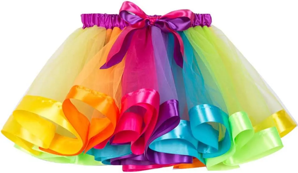 Girls Kids Rainbow T-Shirt and Colorful Ballet Tutu Skirt & Hair Bows with Beaded Bracelet Set