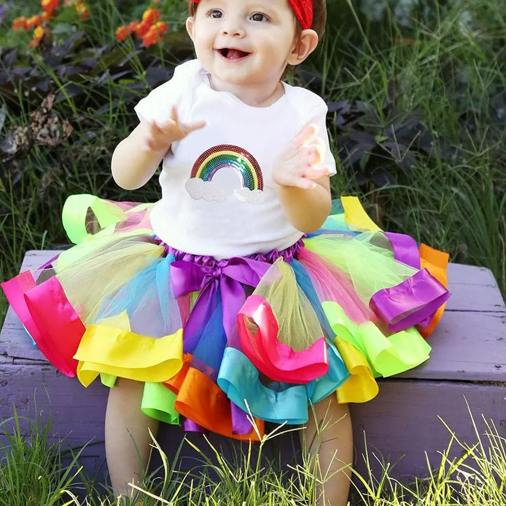 Girls Kids Rainbow T-Shirt and Colorful Ballet Tutu Skirt & Hair Bows with Beaded Bracelet Set