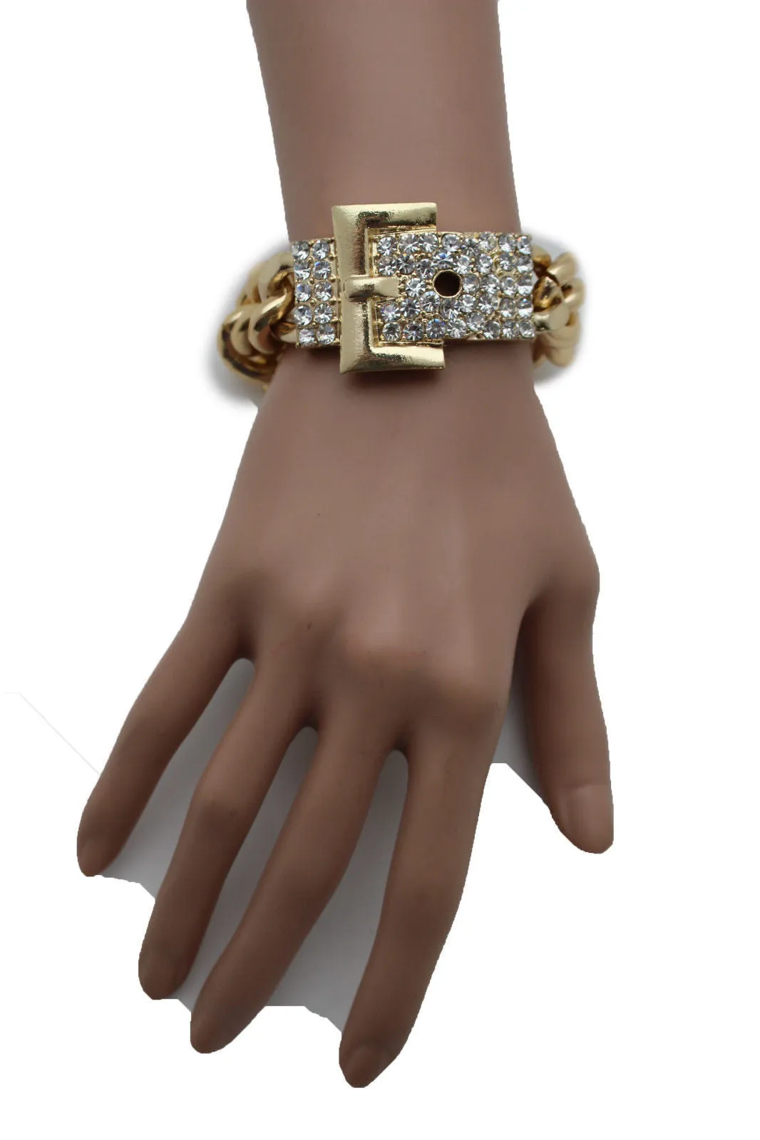 Gold Metal Shinny Chains Bracelet Rhinestones Buckle Beads