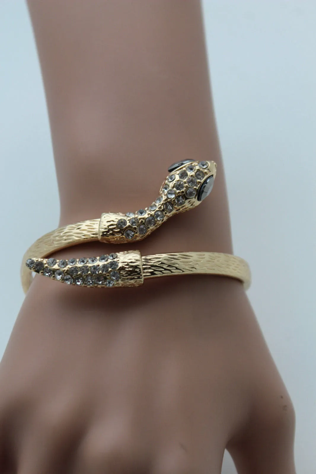 Gold Silver Metal Narrow Cuff Bracelet Wrap Around Snake Bangle