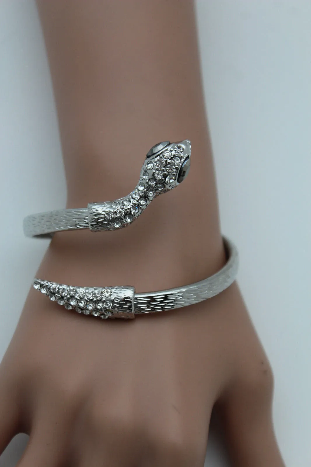 Gold Silver Metal Narrow Cuff Bracelet Wrap Around Snake Bangle