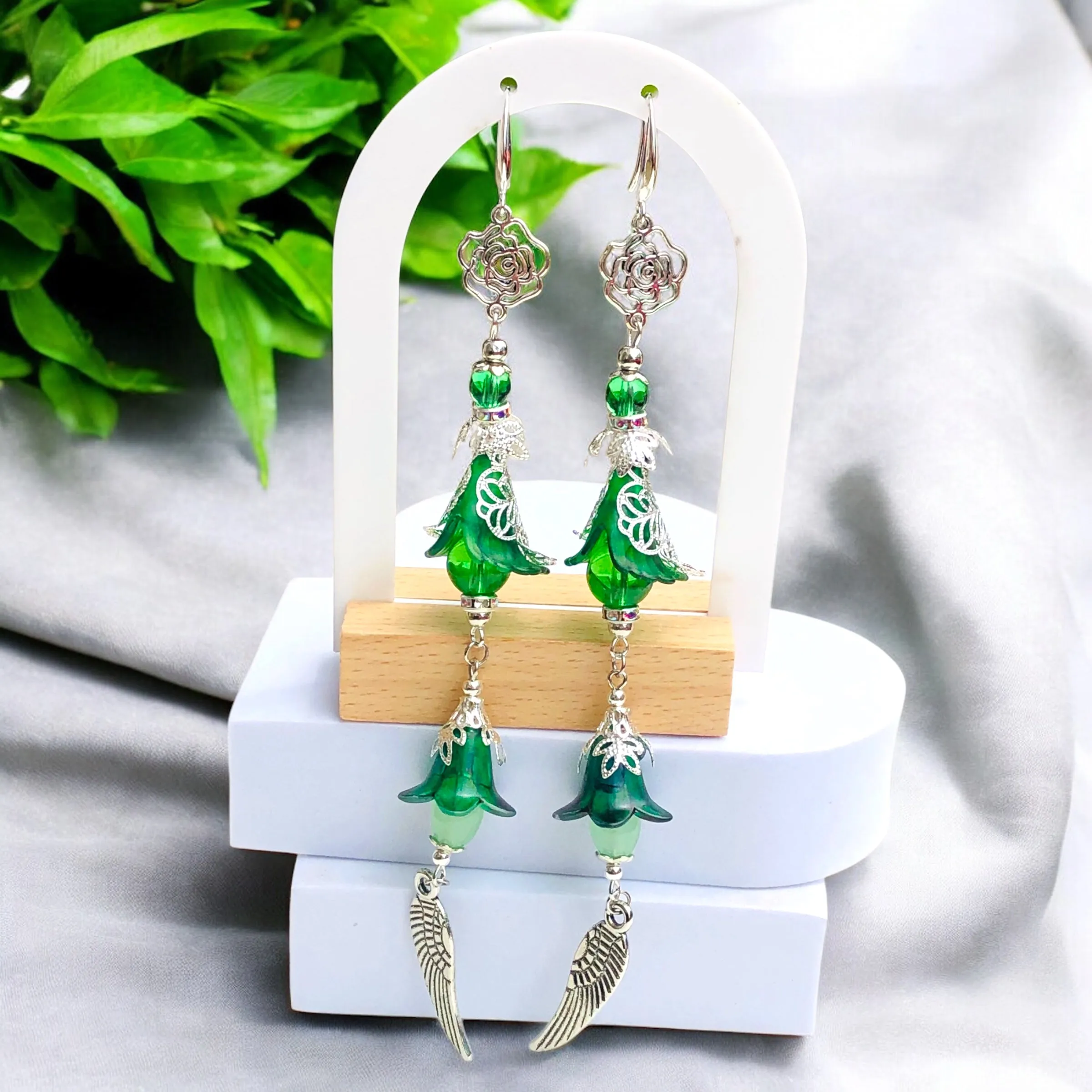 Green Frilly Bohemian Bloom Earrings