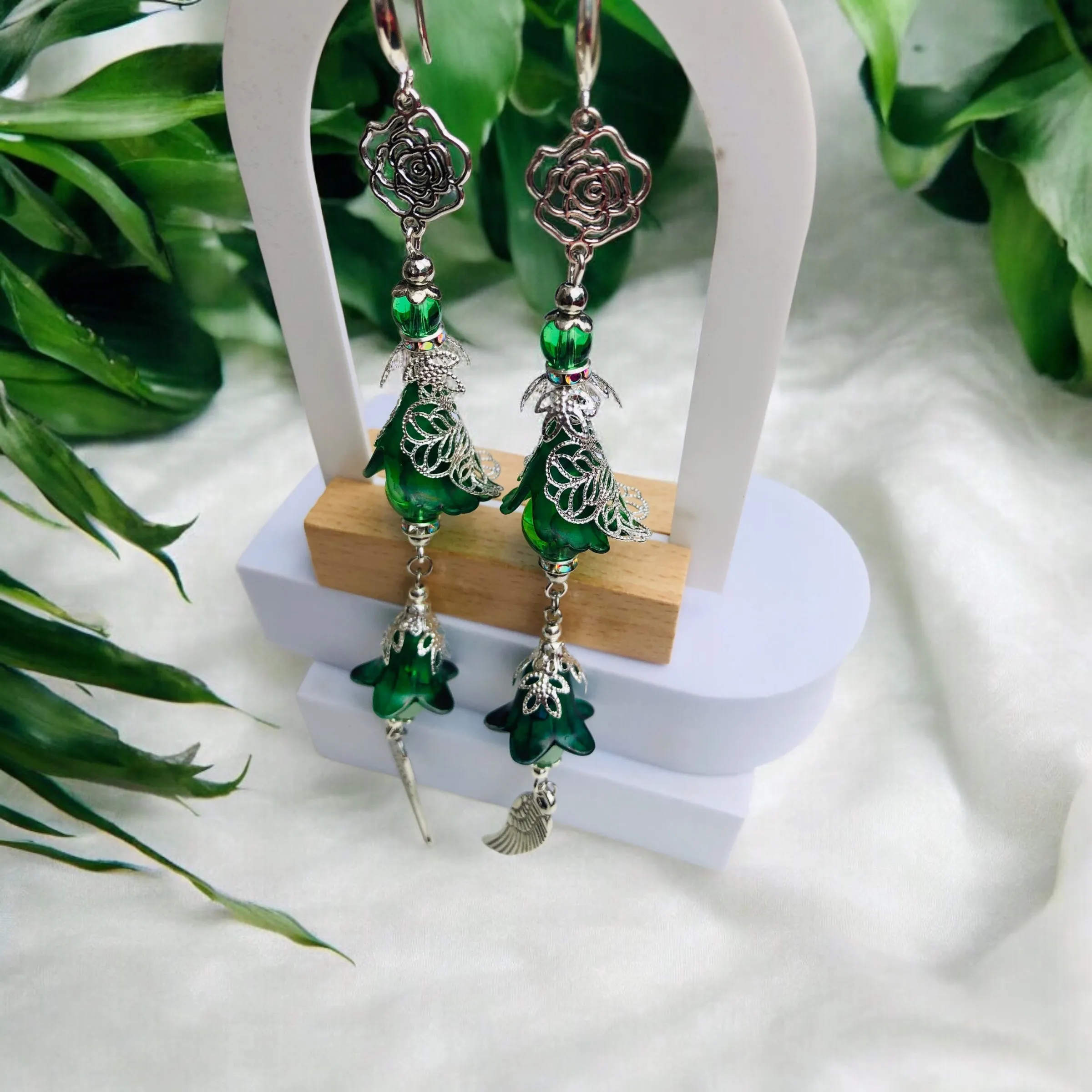 Green Frilly Bohemian Bloom Earrings