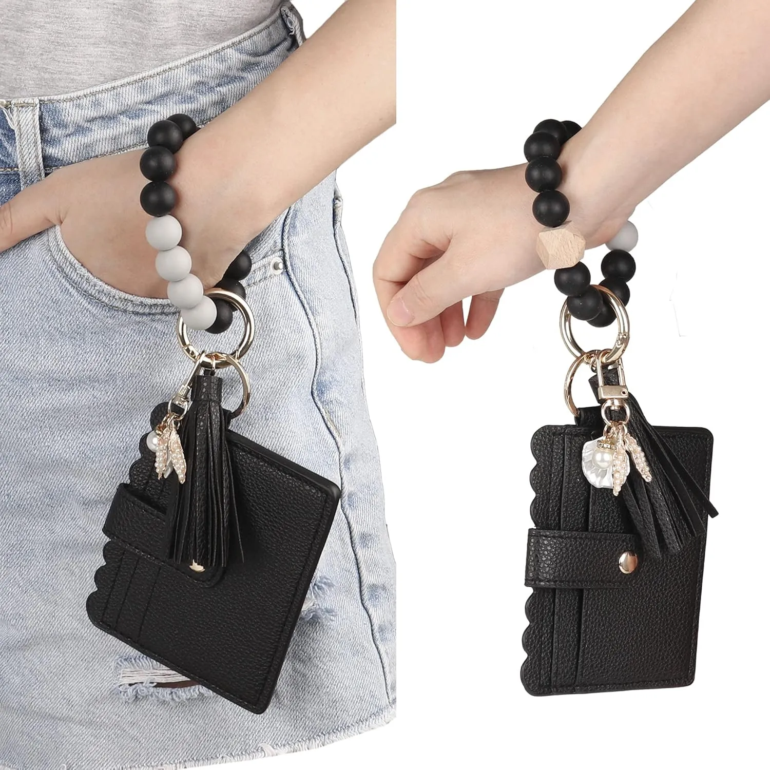 Guran Wristlet Wallet Bracelet Keychain,Card Holder Purse Tassel Keychain Bangle Key Ring for Women