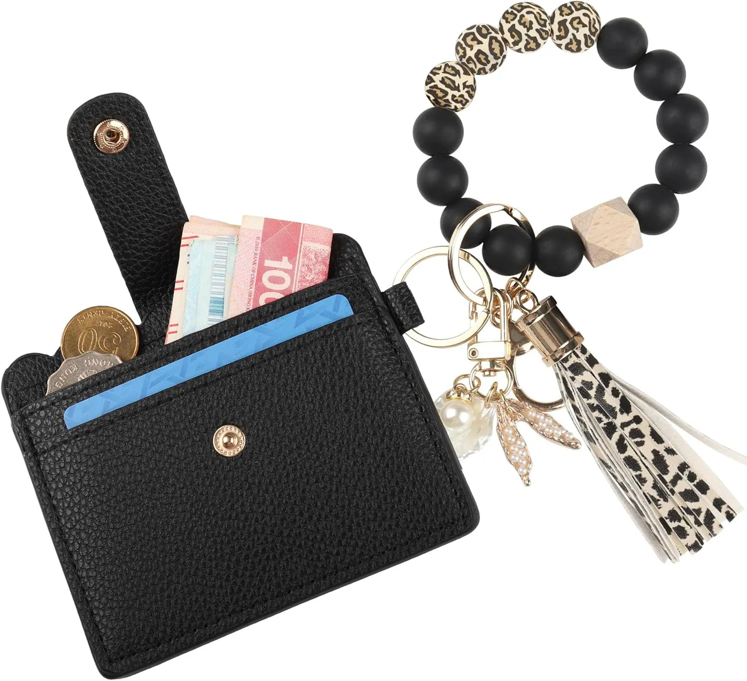 Guran Wristlet Wallet Bracelet Keychain,Card Holder Purse Tassel Keychain Bangle Key Ring for Women