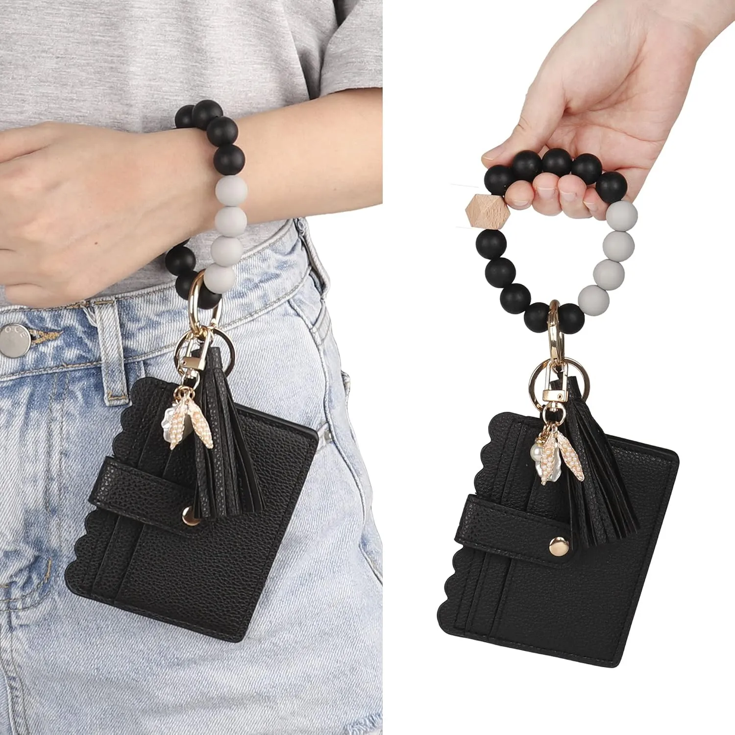 Guran Wristlet Wallet Bracelet Keychain,Card Holder Purse Tassel Keychain Bangle Key Ring for Women