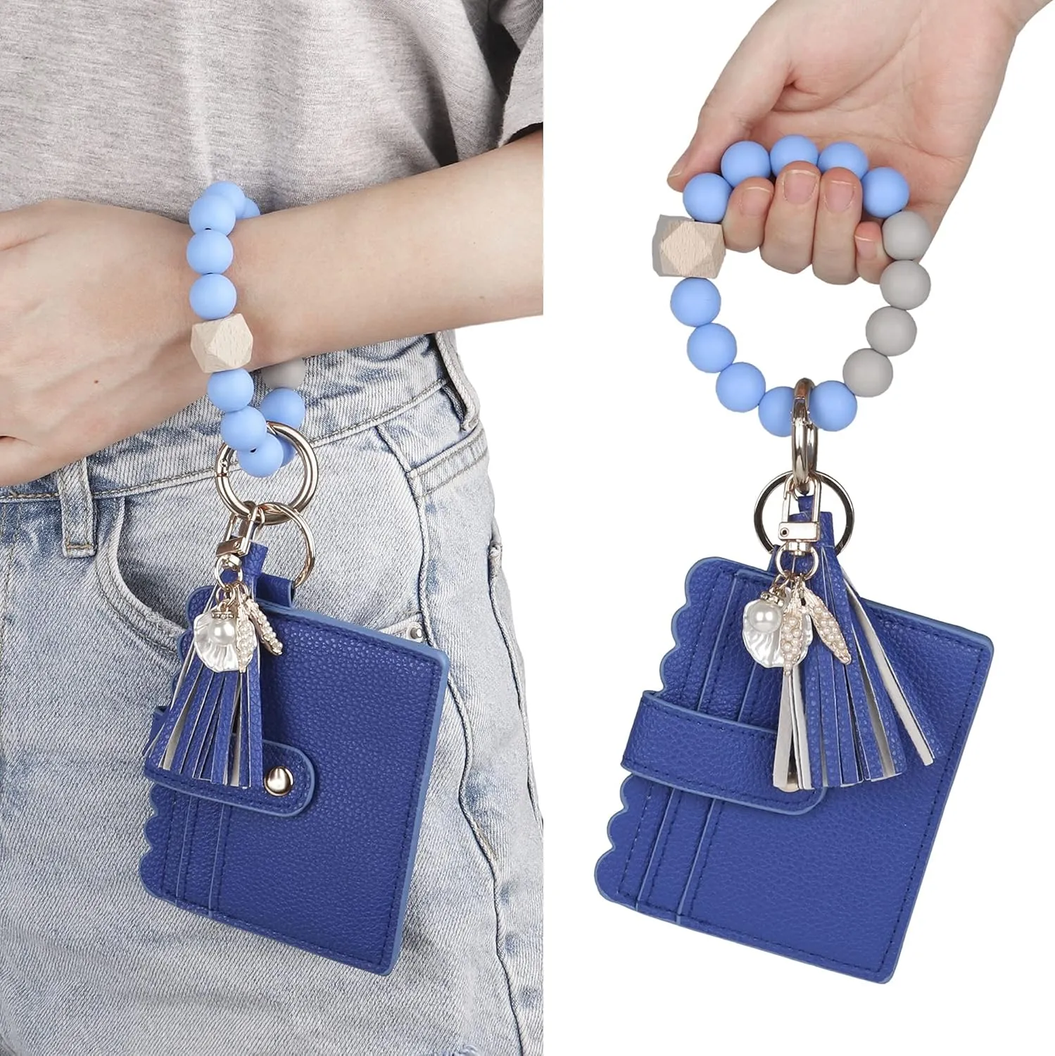 Guran Wristlet Wallet Bracelet Keychain,Card Holder Purse Tassel Keychain Bangle Key Ring for Women