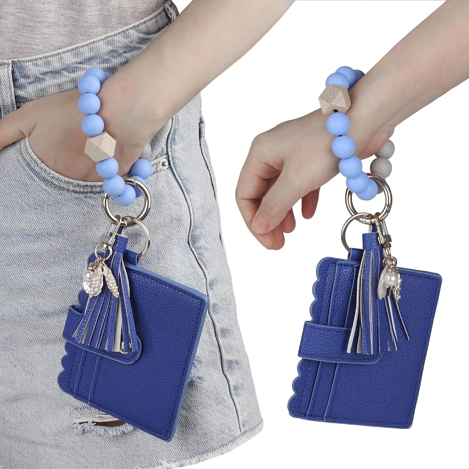 Guran Wristlet Wallet Bracelet Keychain,Card Holder Purse Tassel Keychain Bangle Key Ring for Women