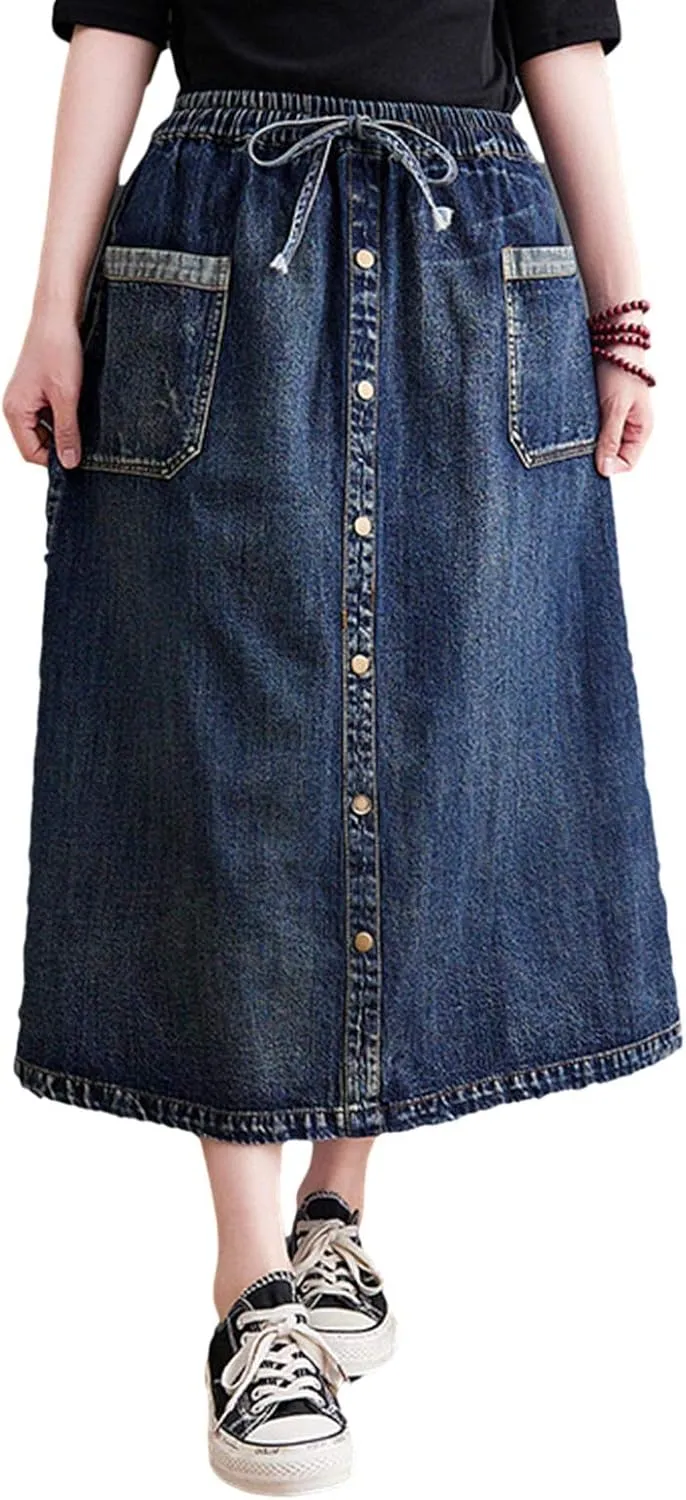 HALITOSS Women's Casual Front Button Decoration Pockets Elastic Waist Casual Mid-Long Denim Skirt