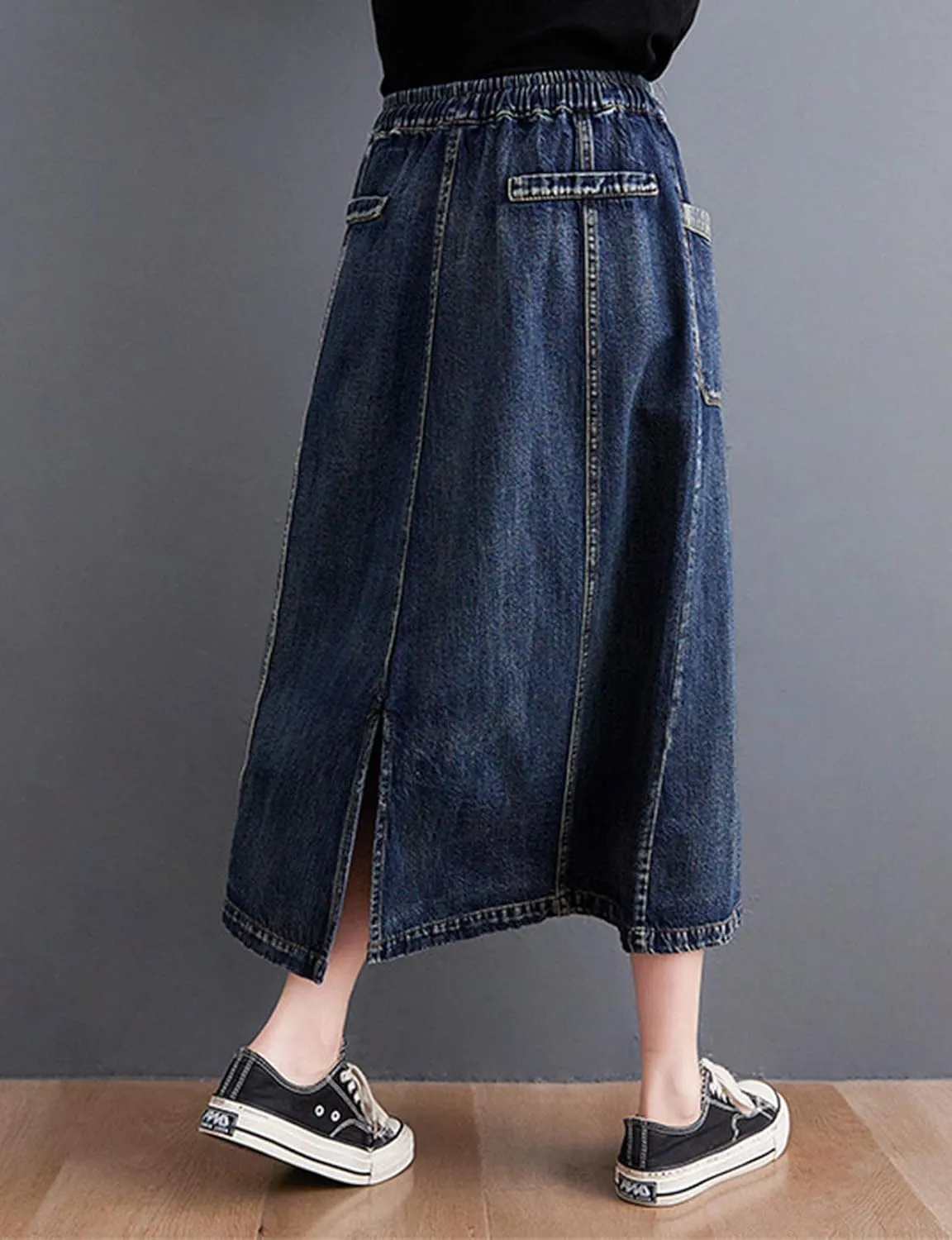 HALITOSS Women's Casual Front Button Decoration Pockets Elastic Waist Casual Mid-Long Denim Skirt