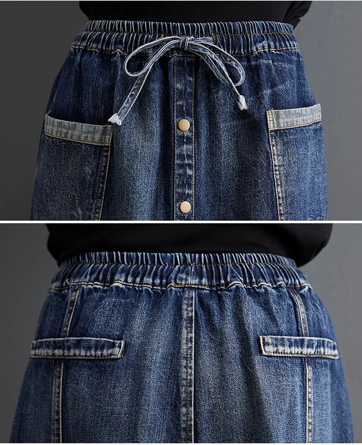 HALITOSS Women's Casual Front Button Decoration Pockets Elastic Waist Casual Mid-Long Denim Skirt