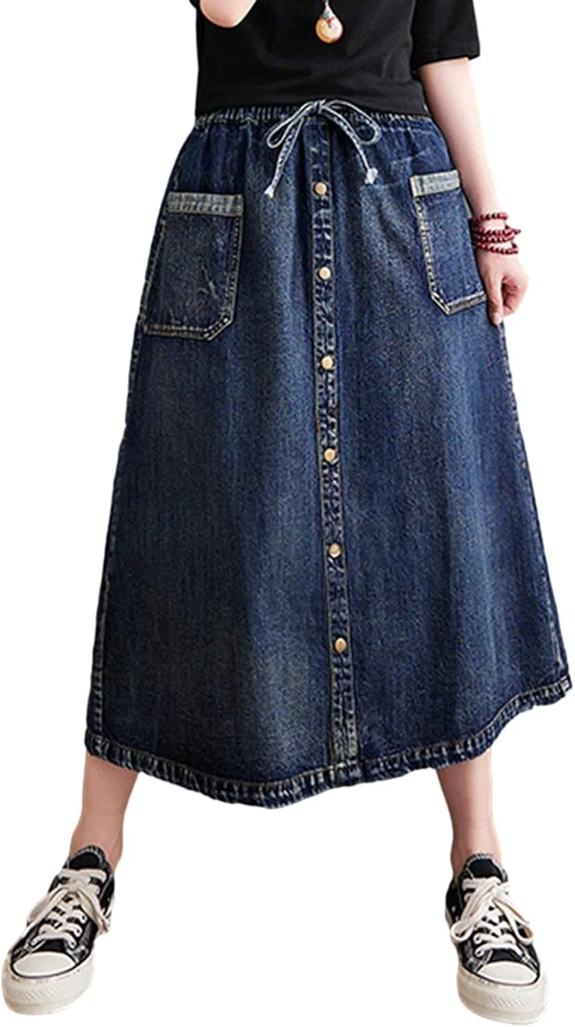 HALITOSS Women's Casual Front Button Decoration Pockets Elastic Waist Casual Mid-Long Denim Skirt