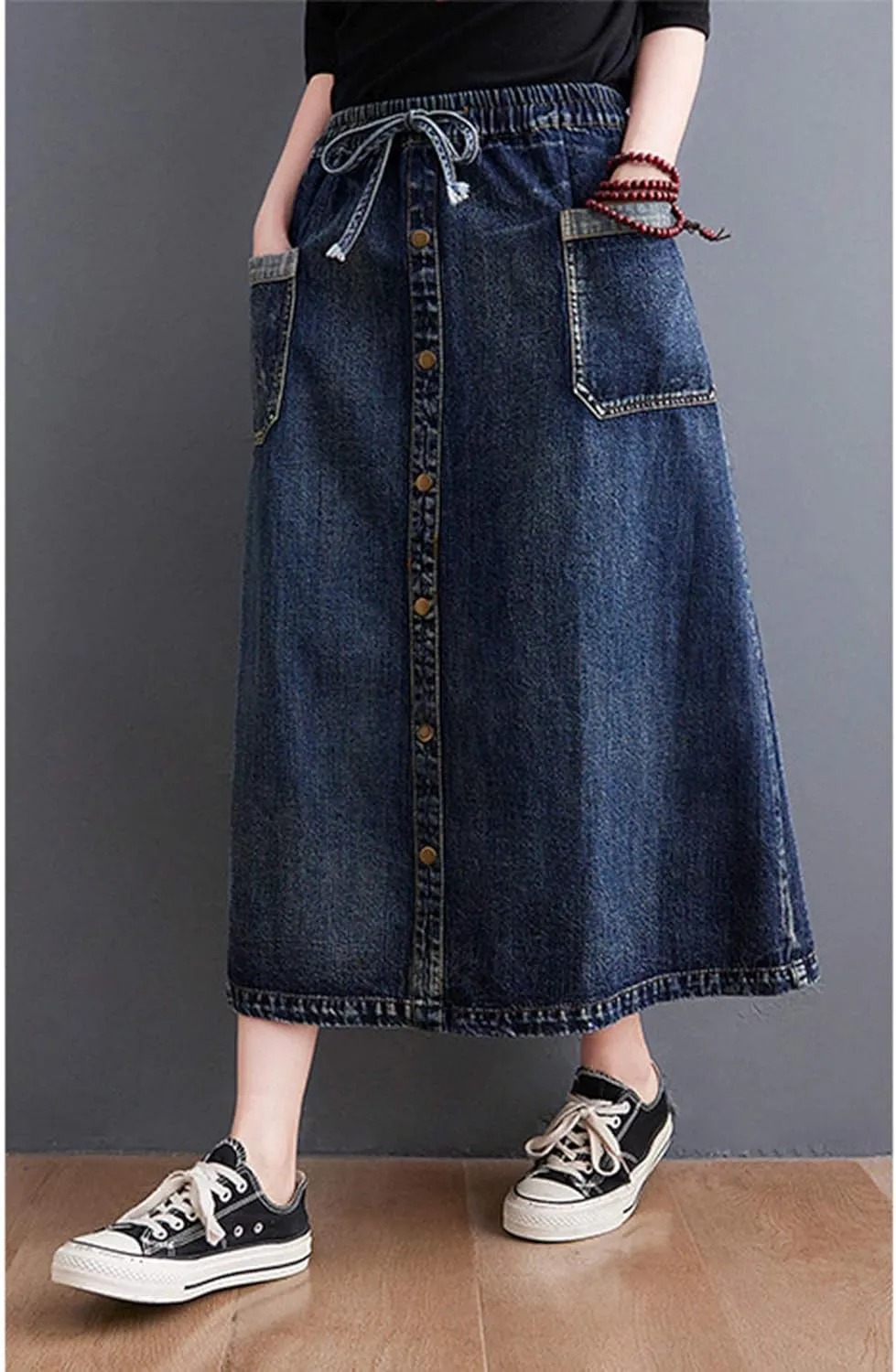 HALITOSS Women's Casual Front Button Decoration Pockets Elastic Waist Casual Mid-Long Denim Skirt