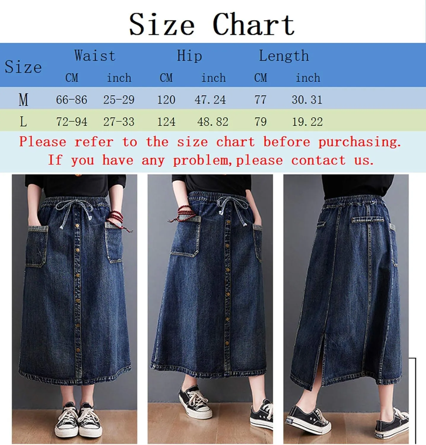 HALITOSS Women's Casual Front Button Decoration Pockets Elastic Waist Casual Mid-Long Denim Skirt
