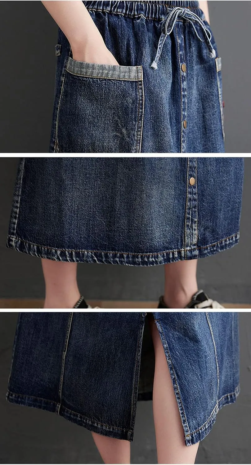 HALITOSS Women's Casual Front Button Decoration Pockets Elastic Waist Casual Mid-Long Denim Skirt