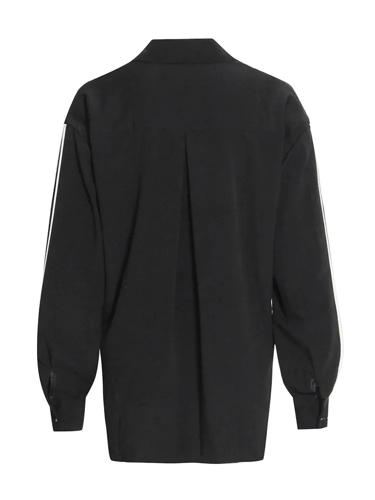 Hit Color Minimalist Loose Blouses For Women Lapel Lantern Sleeve Spliced Button Temperament Shirts Female Fashion Clothing