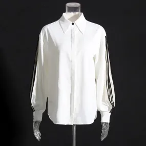 Hit Color Minimalist Loose Blouses For Women Lapel Lantern Sleeve Spliced Button Temperament Shirts Female Fashion Clothing