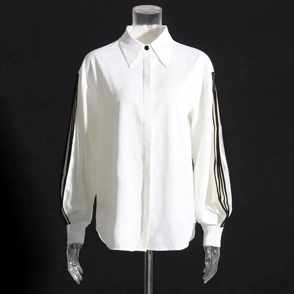 Hit Color Minimalist Loose Blouses For Women Lapel Lantern Sleeve Spliced Button Temperament Shirts Female Fashion Clothing