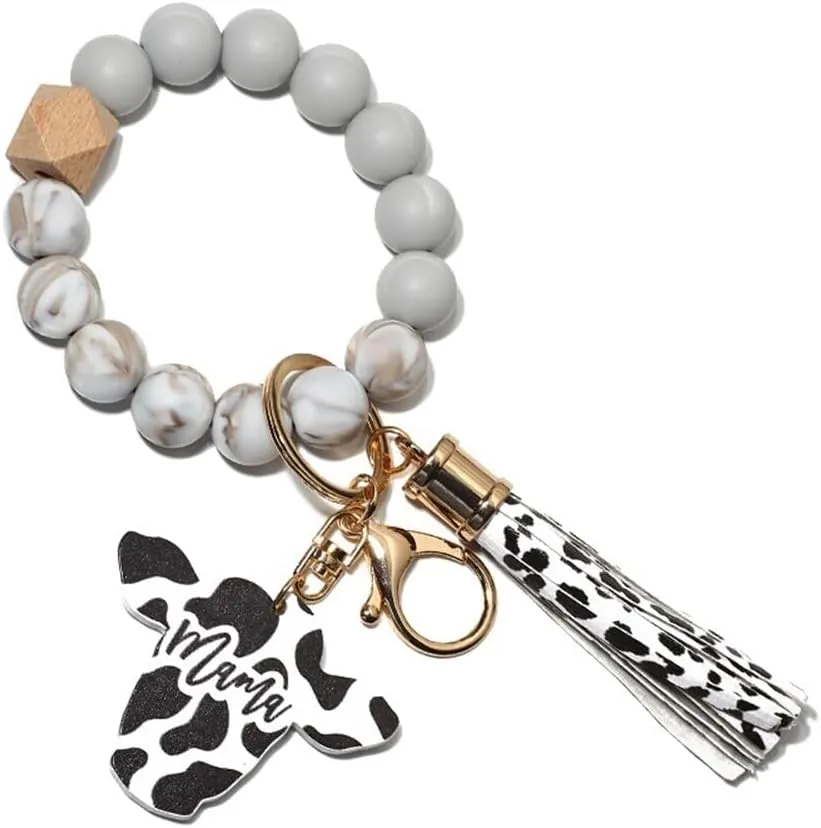 ikasus Keychain for Women, Silicone Bead Bracelet Key Ring with Tassel and Cow Wooden Pendant Car Keys Handbag Charm
