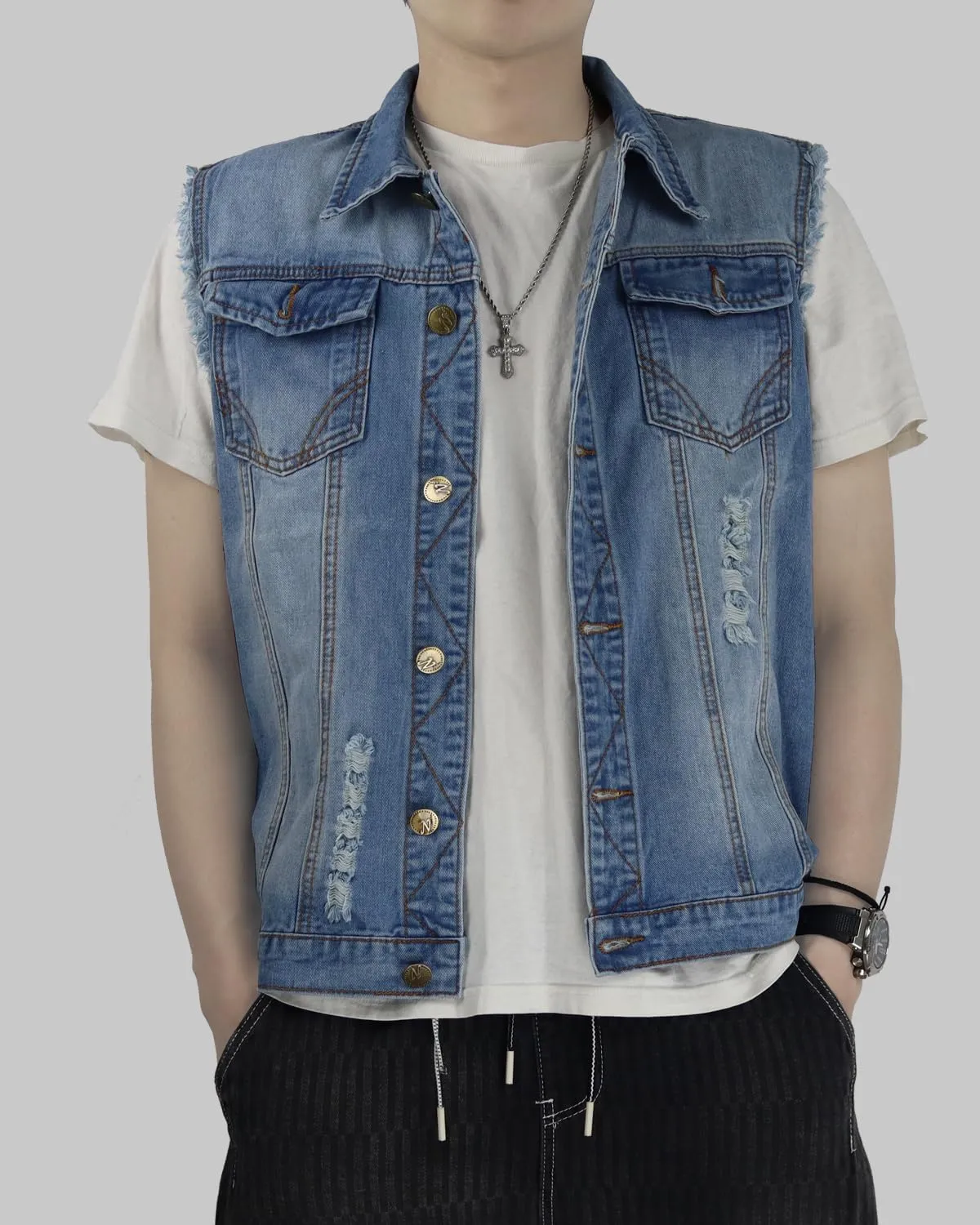 Jade Hare Men's Denim Vest Jean Vest Motorcycle Jacket Casual Style Sleeveless Ripped Denim Jacket
