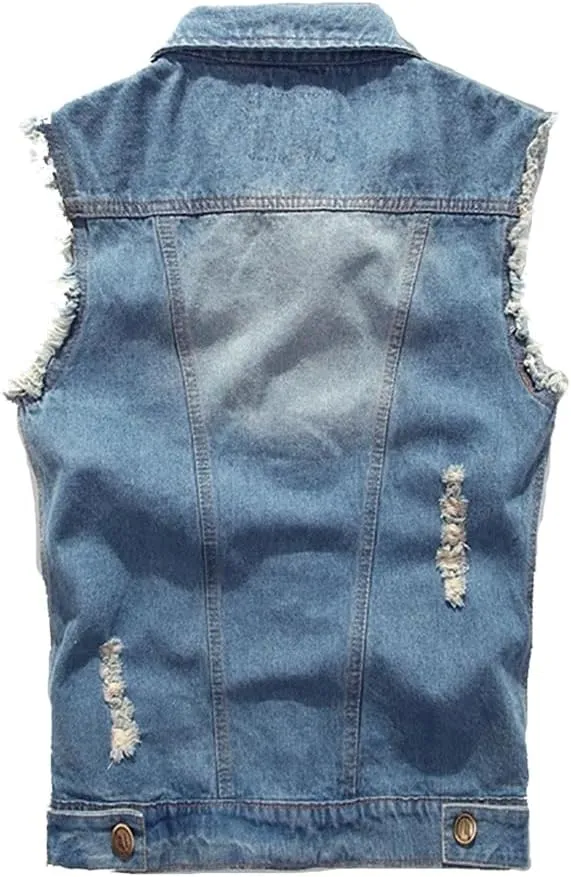 Jade Hare Men's Denim Vest Jean Vest Motorcycle Jacket Casual Style Sleeveless Ripped Denim Jacket