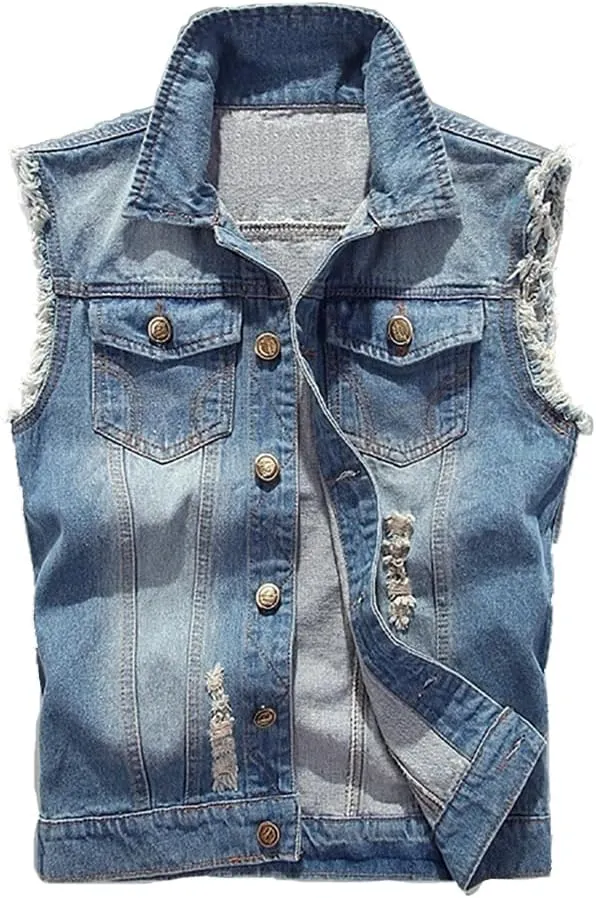 Jade Hare Men's Denim Vest Jean Vest Motorcycle Jacket Casual Style Sleeveless Ripped Denim Jacket