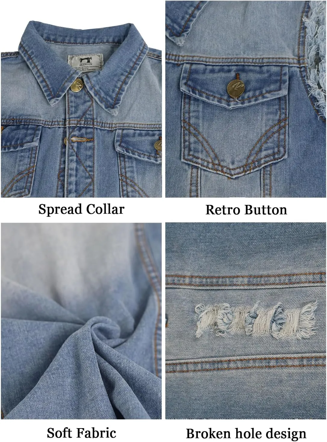 Jade Hare Men's Denim Vest Jean Vest Motorcycle Jacket Casual Style Sleeveless Ripped Denim Jacket
