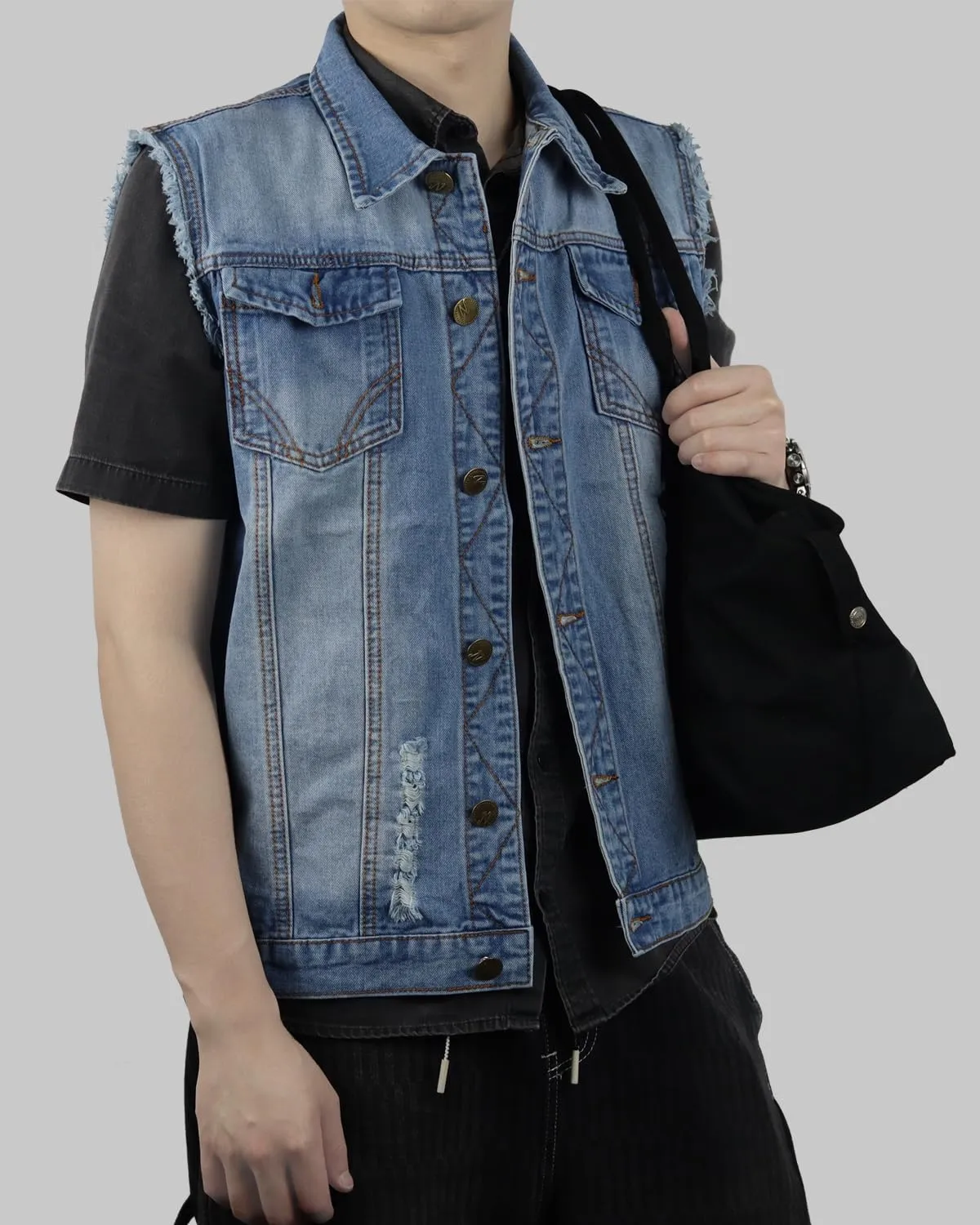 Jade Hare Men's Denim Vest Jean Vest Motorcycle Jacket Casual Style Sleeveless Ripped Denim Jacket