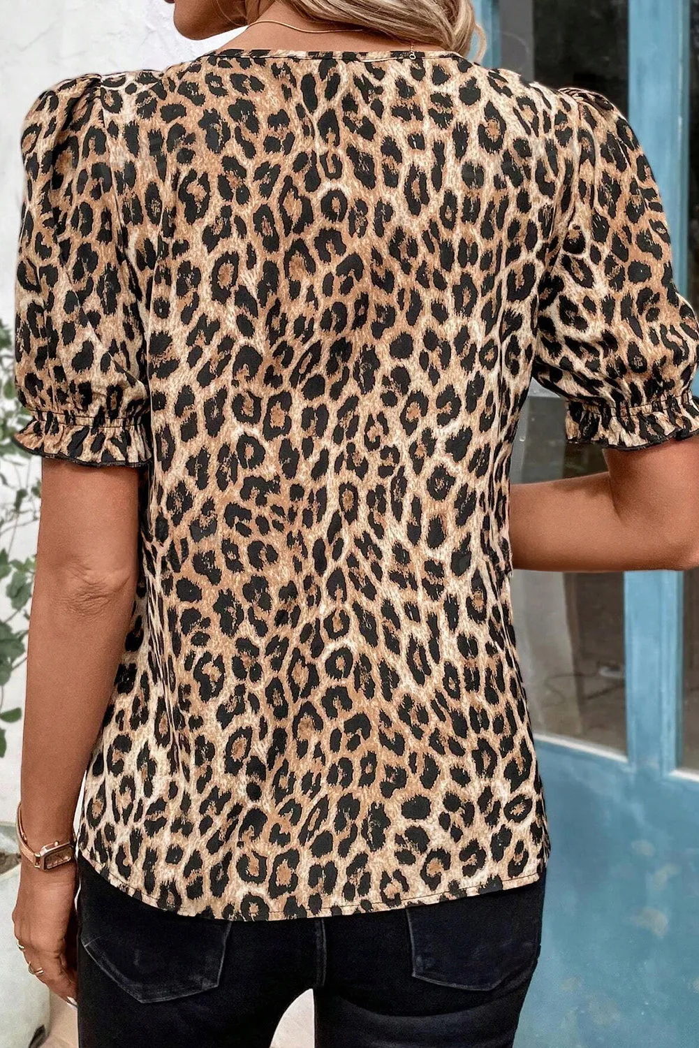Khaki Leopard Puff Sleeve Ruffle Blouse