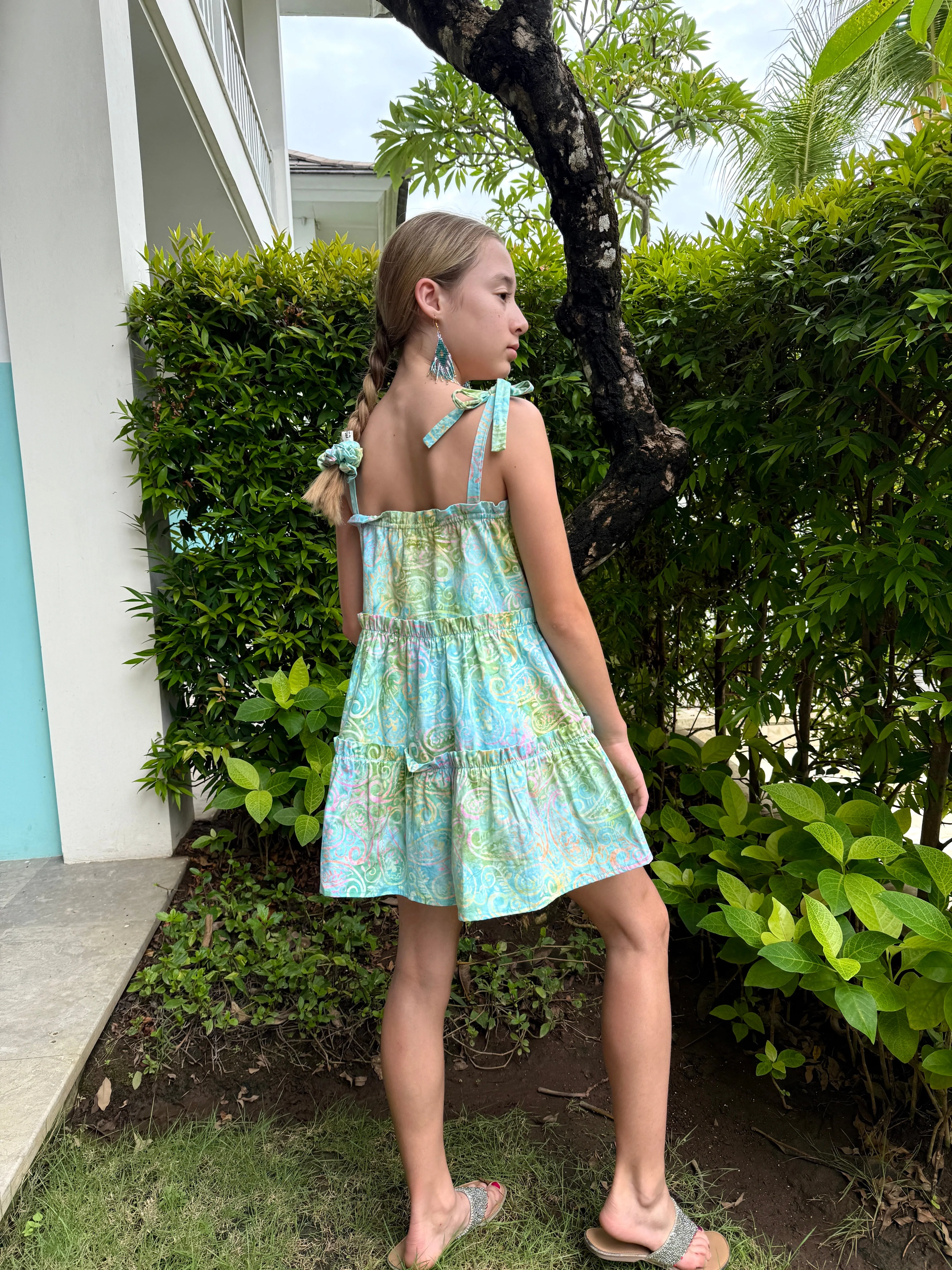 Layla Batik Cotton Dress for Girls in Light Blue Paisley