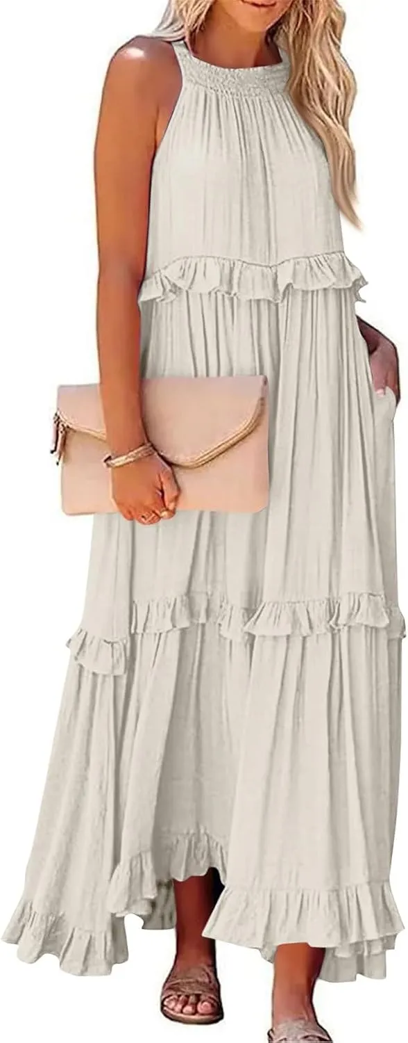 Long Dresses for Women Sleeveless Smocked Ruffle Halter Neck Maxi Dress Summer Tiered Flowy Swing A Line Sundresses