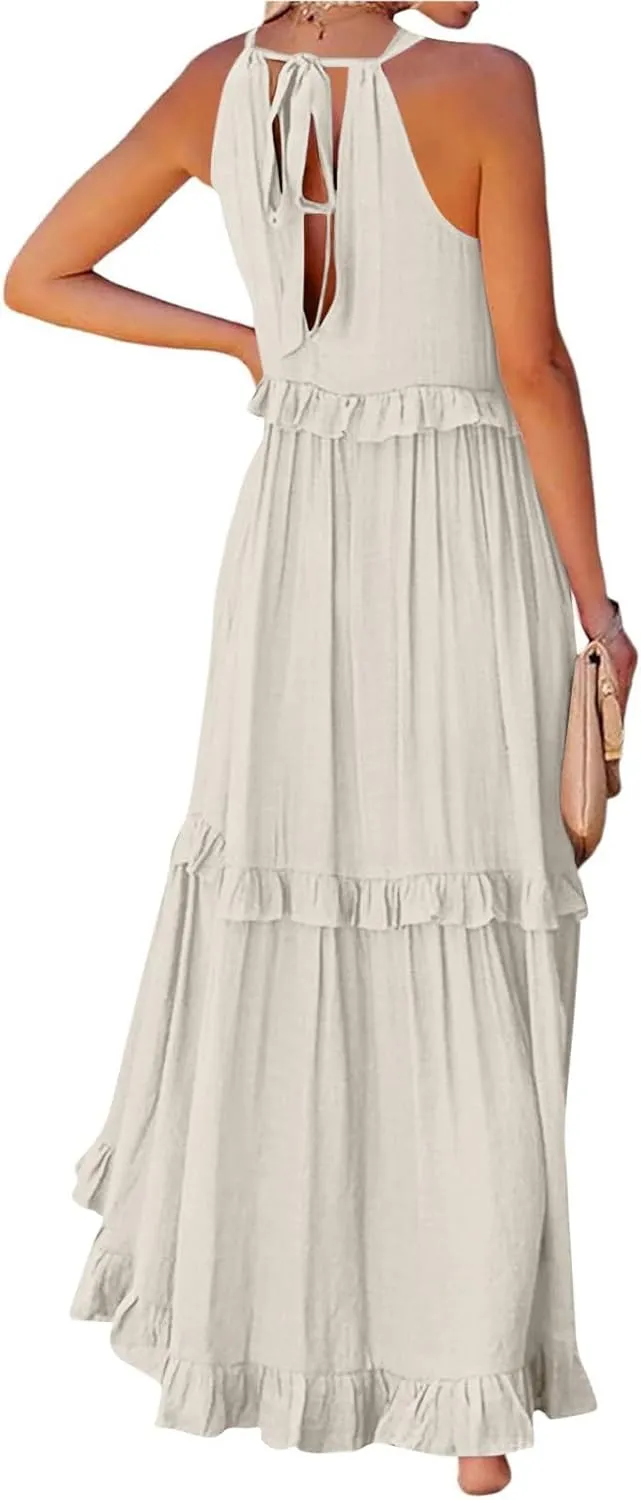 Long Dresses for Women Sleeveless Smocked Ruffle Halter Neck Maxi Dress Summer Tiered Flowy Swing A Line Sundresses