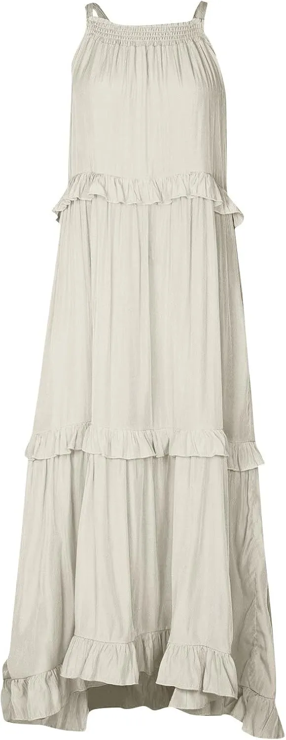 Long Dresses for Women Sleeveless Smocked Ruffle Halter Neck Maxi Dress Summer Tiered Flowy Swing A Line Sundresses