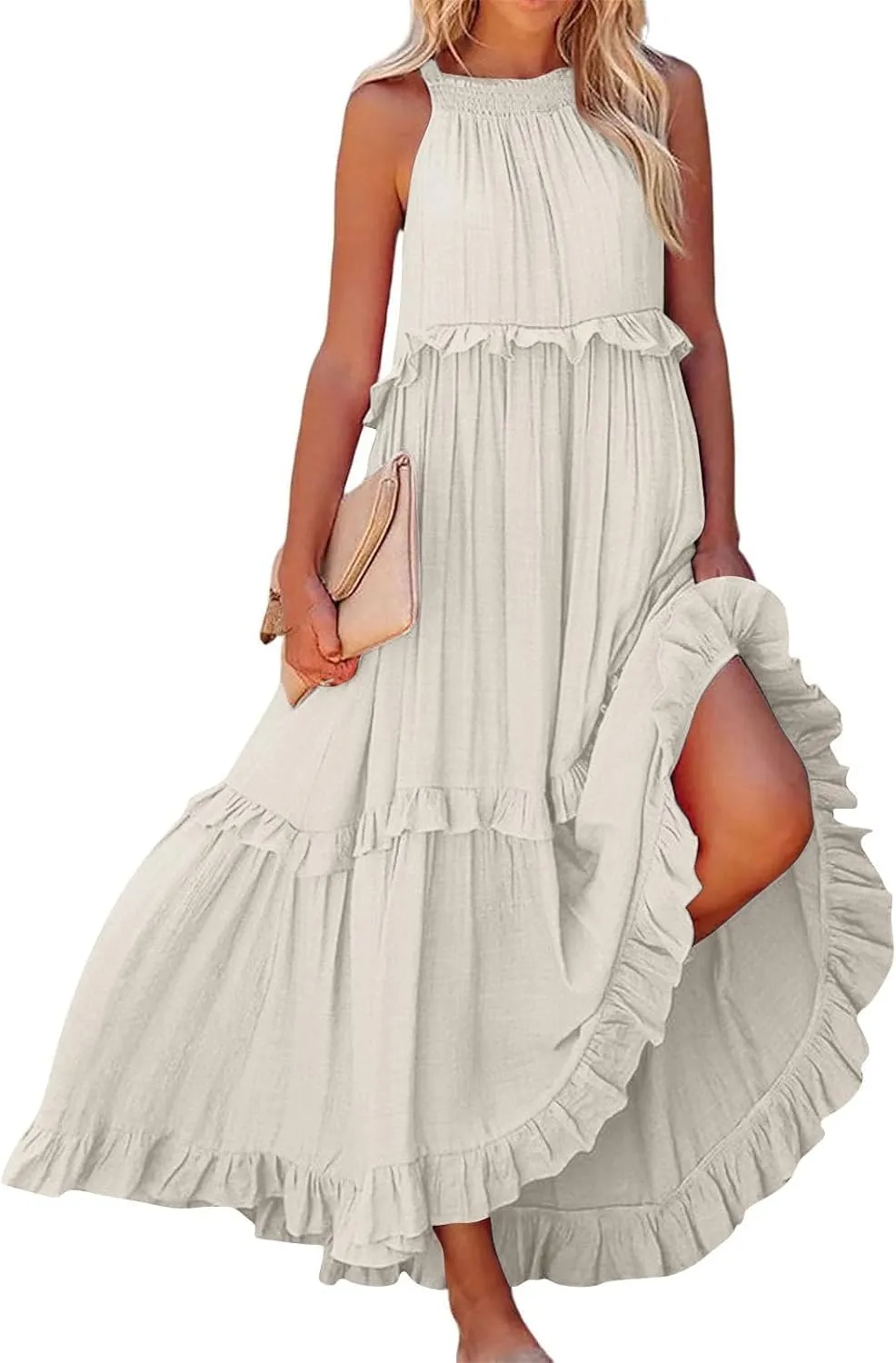 Long Dresses for Women Sleeveless Smocked Ruffle Halter Neck Maxi Dress Summer Tiered Flowy Swing A Line Sundresses