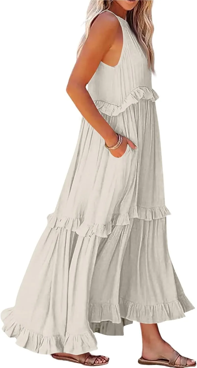 Long Dresses for Women Sleeveless Smocked Ruffle Halter Neck Maxi Dress Summer Tiered Flowy Swing A Line Sundresses