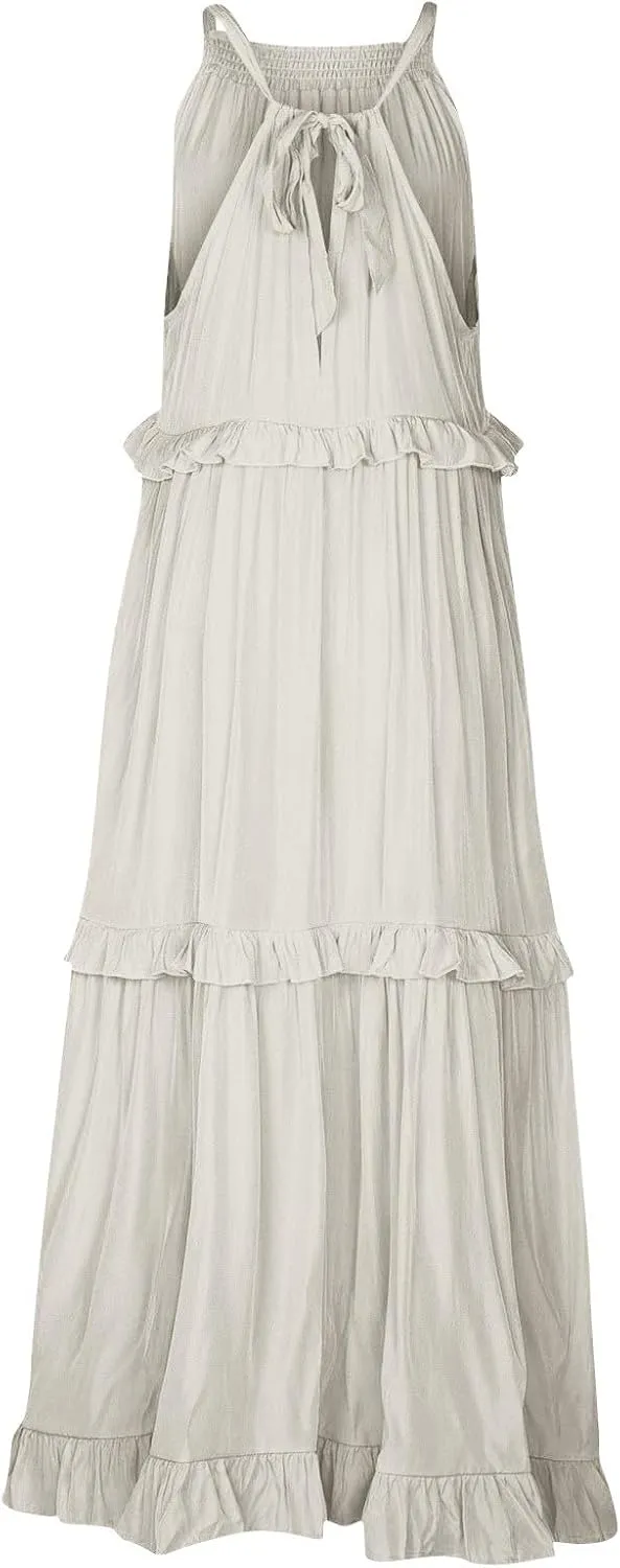 Long Dresses for Women Sleeveless Smocked Ruffle Halter Neck Maxi Dress Summer Tiered Flowy Swing A Line Sundresses