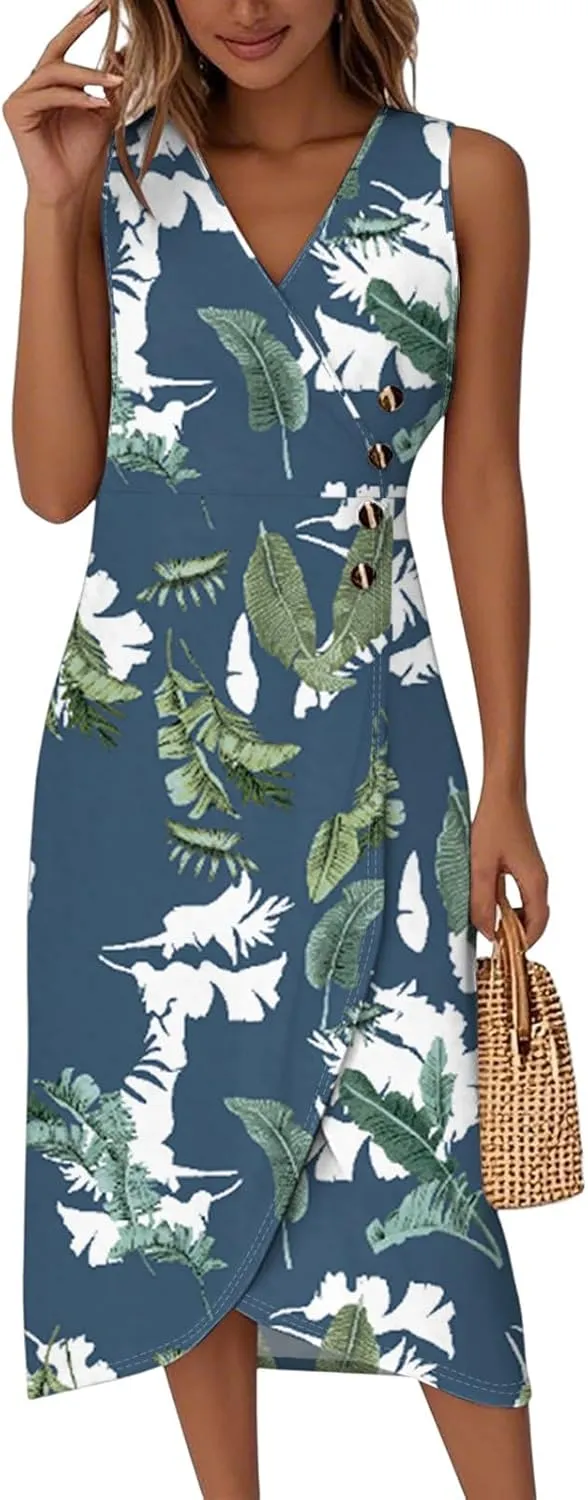 Maxi Dresses for Women Summer Sleeveless Beach Vacation Dress Wrap V Neck Tank Dress Casual Irregular Hem Sundress