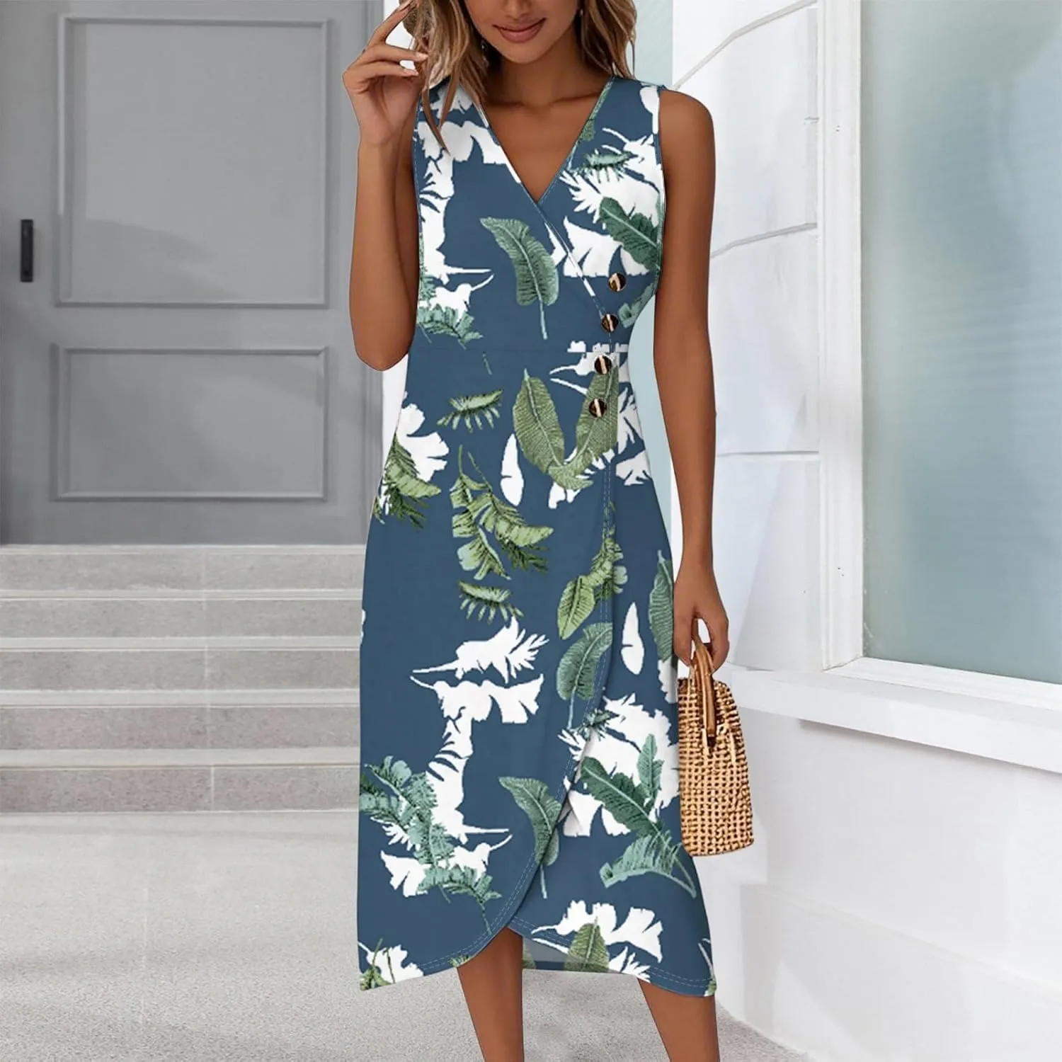 Maxi Dresses for Women Summer Sleeveless Beach Vacation Dress Wrap V Neck Tank Dress Casual Irregular Hem Sundress