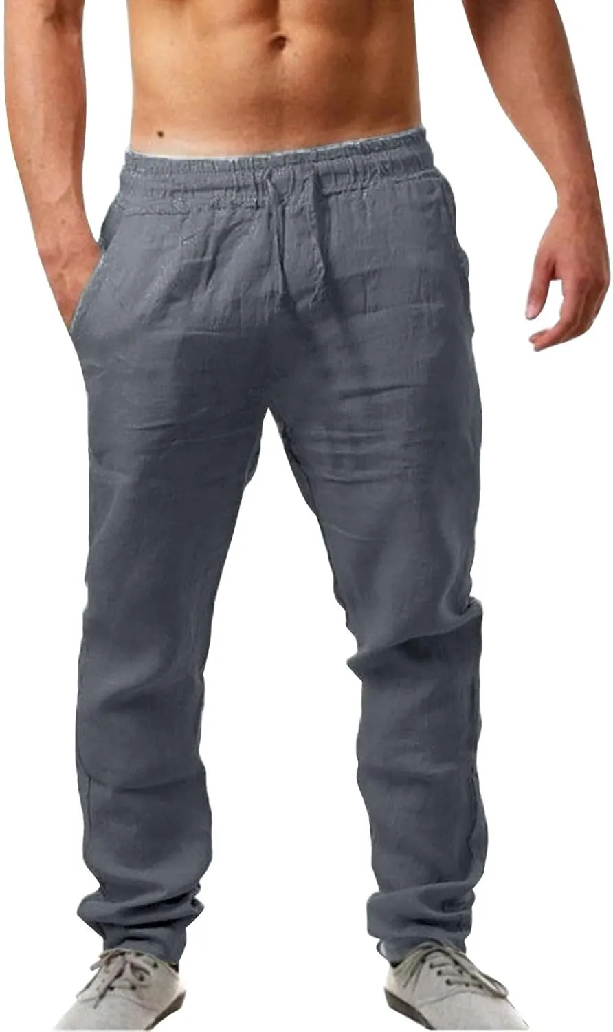 Mens Linen Pants, Lightweight Drawstring Elastic Waist Casual Fitting Trousers, Solid Color Breathable Pants