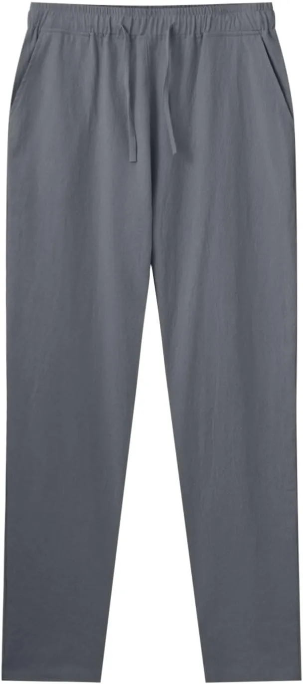 Mens Linen Pants, Lightweight Drawstring Elastic Waist Casual Fitting Trousers, Solid Color Breathable Pants
