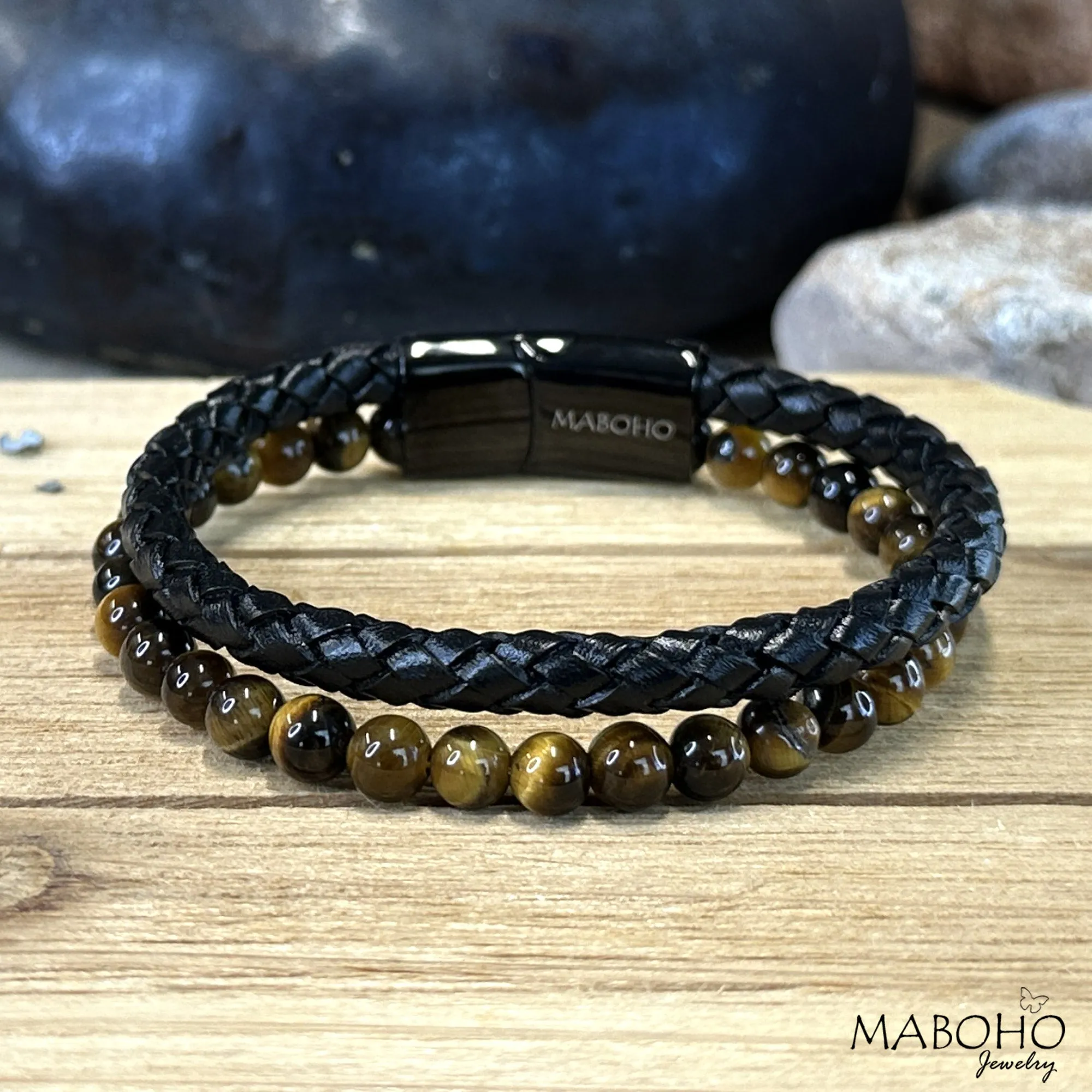 Men's Tiger's Eye and Braided Leather Double Bracelet