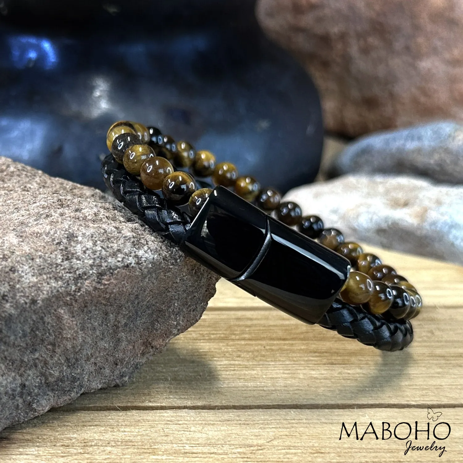 Men's Tiger's Eye and Braided Leather Double Bracelet