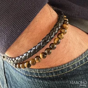 Men's Tiger's Eye and Braided Leather Double Bracelet